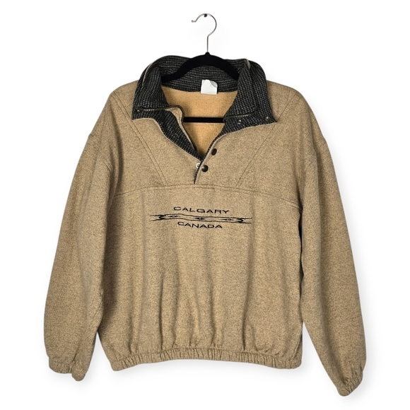 Vintage Tops - Vintage Calgary Canada Embroidered Graphic Quarter Snap Destination Sweatshirt